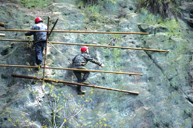 Một công nhân 52 tuổi cho biết ông quá quen với công việc nguy hiểm như thế này: không có bảo hộ lao động, cheo leo trên giàn giáo bằng tre. Thứ mà ông sợ nhất là mưa nhưng vẫn phải đi làm vì gia đình cần tiền.