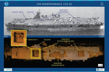 Hình ảnh tàu sân bay USS Independence dưới đáy Thái Bình Dương. (Ảnh: NMS) 