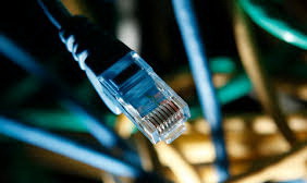 An internet cable is seen at a server room in this picture illustration.