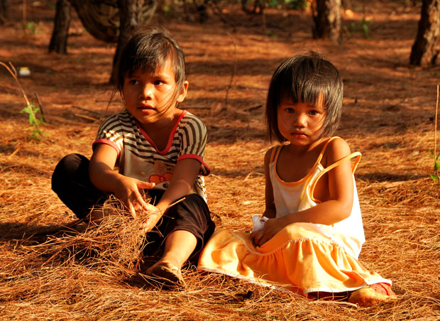 Hai chị em người dân tộc Gia Rai (Jrai) ở xã Gào, thành phố Pleiku, tỉnh Gia Lai, chơi trong rừng thông bên nhà trong lúc cha mẹ đi làm rẫy.