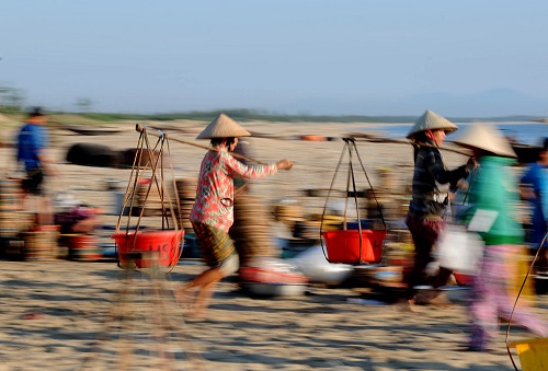  Bamboo shoulder poles are used to transfer the fish and shrimps from the seashore …