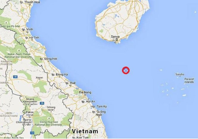 Vị trí giàn khoan Hải Dương 981 (màu đỏ) hoạt động thăm dò dầu khí từ ngày 25-6 đến ngày 20-8-2015.