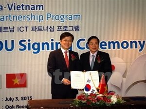 Vietnamese Nguyen Bac Son (R) and RoK Minister Chong Jong-sup at the signing ceremony (Photo: VNA)