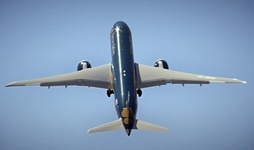 Vietnam Airlines' Boeing 787-9 is seen making a near vertical takeoff in this still image taken from a Boeing video.