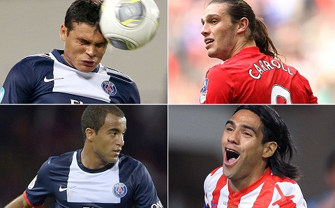 17. Thiago Silva = Andy Carroll = Lucas Moura = Radamel FalcaoGiá trị của các thương vụ này đều là 35 triệu bảng