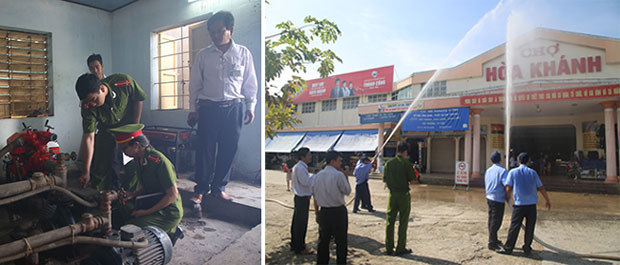 Thanh tra Cảnh sát PCCC Đà Nẵng kiểm tra hệ thống máy bơm (ảnh trái) và vận hành phun nước chữa lửa tại chợ Hòa Khánh sáng 7-7-2015. Ảnh: V.T.L
