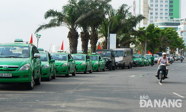 Nhiều taxi đậu, đỗ trên đường Bạch Đằng khiến các xe du lịch khó tìm chỗ đậu.