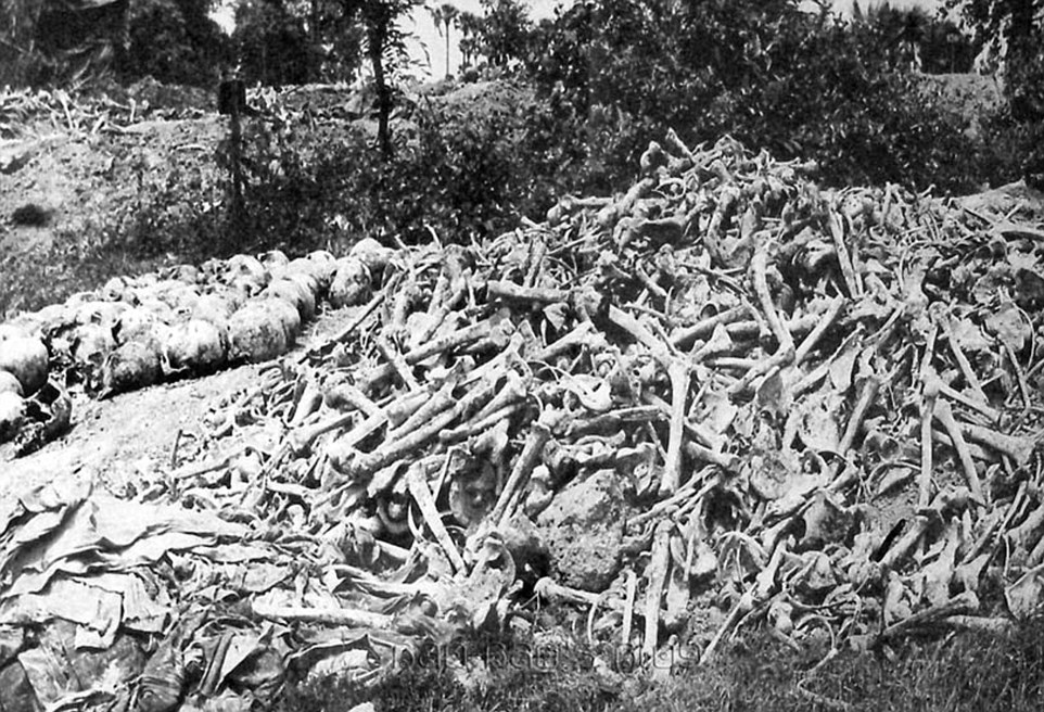 Hình ảnh này lột tả sự khủng khiếp về tội ác diệt chủng của Pol Pot ở Campuchia từ năm 1975 – 1979 khiến khoảng 2 triệu người dân thiệt mạng. Nạn nhân bao gồm cả tầng lớp trí thức bị tra tấn, bỏ đói, hãm hiếp và giết hại một cách dã man.  Các nạn nhân phải chịu những đòn tra tấn khủng khiếp tại nhà tù diệt chủng Tuol Sleng. Khoảng 15.000 người Campuchia đã bị đưa vào đây trước khi đưa tới các nơi khác như Cánh đồng chết (The Killing Fields) bên ngoài thủ đô Phnom Penh. Họ bị hành quyết chủ yếu bằng búa chim và cùng bị chôn trong những ngôi mộ tập thể kinh hoàng.