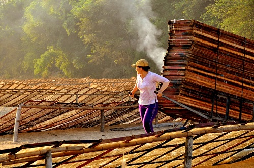    A woman collecting dried rice vermicelli.