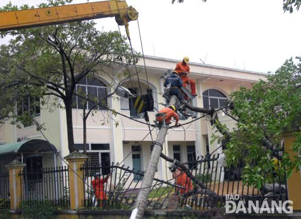 Công nhân Điện lực Hải Châu khắc phục sự cố bão số 3.