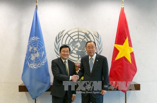 Chủ tịch nước Trương Tấn Sang gặp Tổng thư ký Liên hiệp quốc Ban Ki-moon. Ảnh: Lê Dương - P/v TTXVN tại New York