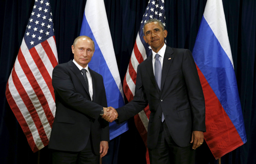 Tổng thống Putin và Tổng thống Obama trong cuộc hội đàm ở Liên Hợp Quốc hôm qua. Ảnh: Reuters