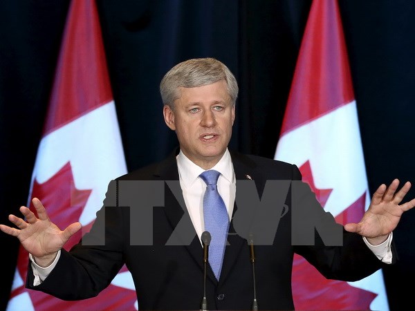 Thủ tướng Canada Stephen Harper trong cuộc họp báo về Hiệp định TPP tại Ottawa, ngày 5/10.