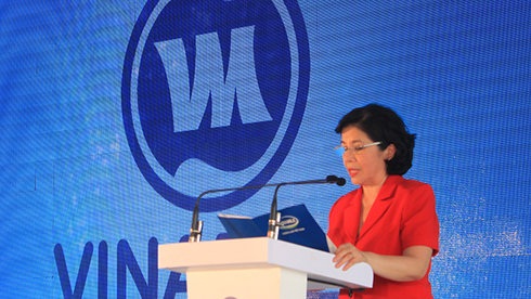 Vinamilk CEO Mai Kieu Lien delivers a speech at a company's event in Thanh Hoa Province, located in north-central Vietnam. Tuoi Tre