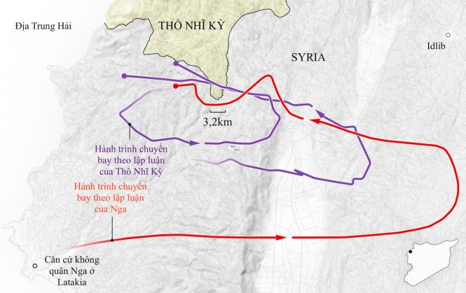Vạch màu đỏ là đường bay của chiếc Su-24 theo công bố của Nga, trong khi vạch màu tím là đường bay xâm phạm không phận theo công bố của Thổ Nhĩ Kỳ - Đồ họa: NYT