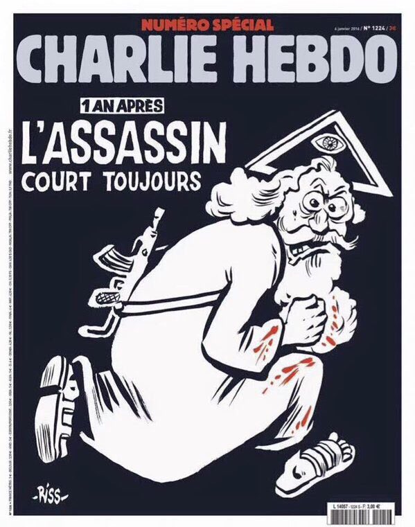 Bìa của số báo đặc biệt phát hành nhân kỷ niệm 1 năm ngày tòa soạn Charlie Hebdo bị khủng bố, 7-1-2015. Ảnh: Twitter/John William