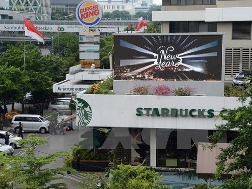 A bomb attack site in Jakarta, Indonesia