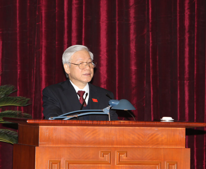 Tổng Bí thư Nguyễn Phú Trọng phát biểu tại Hội nghị lần thứ nhất Ban Chấp hành Trung ương Đảng khoá XII - Ảnh: TTXVN