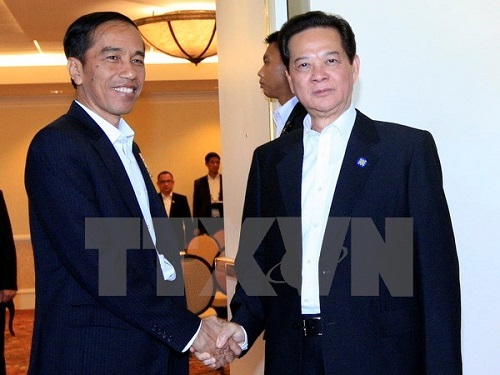 Prime Minister Nguyen Tan Dung (R) shakes hands with Indonesian President Joko Widodo