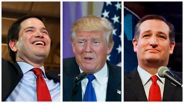 Các ứng cử viên tổng thống đảng Cộng hòa (từ trái sang): Marco Rubio, Donald Trump và Ted Cruz. 	                Ảnh: Reuters