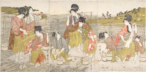 Những người chuyền nước biển. Tranh của Kitagawa Utamaro