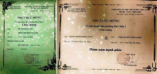 Congratulation letters for a birth (left) and marriage certificate