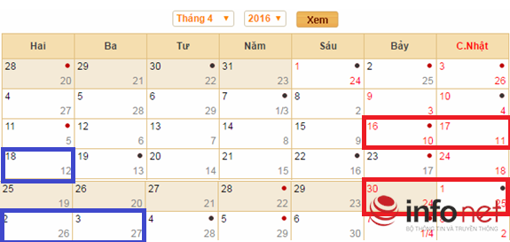 Lịch nghỉ lễ Giỗ Tổ Hùng Vương, 30/4 và Quốc tế lao động 1/5 năm 2016 (ô đỏ là ngày nghỉ chính thức, ô xanh là ngày nghỉ bù)