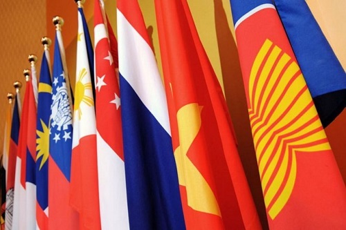 The ASEAN flag (first, right) and the flags of the bloc's member nations (Photo: AP)