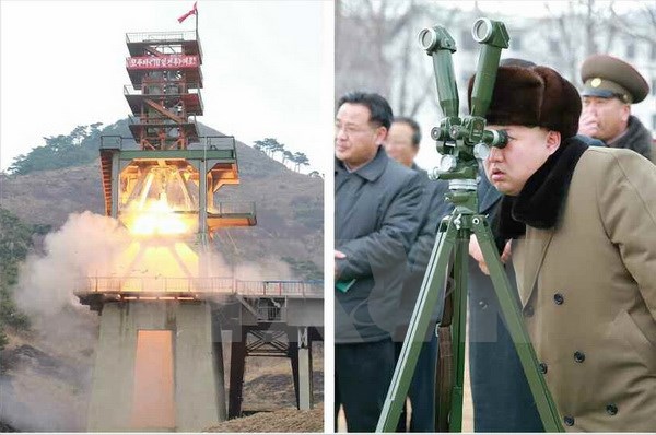 Nhà lãnh đạo Triều Tiên Kim Jong-un theo dõi một vụ phóng tên lửa đạn đạo. (Nguồn: Yonhap/TTXVN)