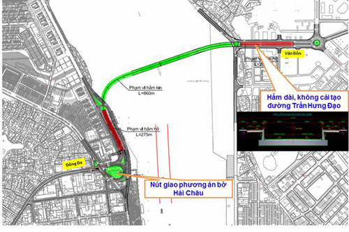 Phương án thiết kế hầm qua sông Hàn, gồm: hầm kín (màu xanh), 2 hầm hở (màu đỏ) và vị trí đấu nối với các nút giao thông hiện trạng. Ảnh: Cổng TTĐT TP Đà Nẵng