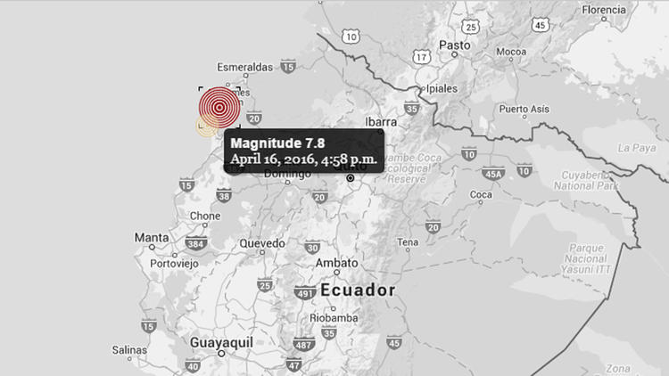 Tâm chấn của trận động đất ngày 16/4 nằm cách thủ đô Quito 173km về phía tây bắc. (Ảnh: AP)