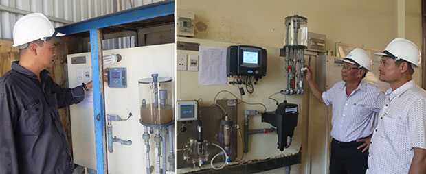 Theo dõi độ mặn tại cửa thu nước (ảnh trái) và chất lượng nước cấp vào mạng lưới toàn thành phố trên thiết bị đo tự động đặt tại Nhà máy nước Cầu Đỏ. Ảnh: V.T.L