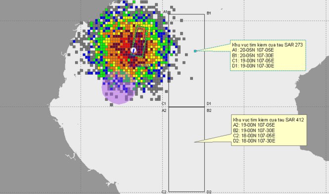 Vùng tìm kiếm của hai tàu SAR 273 và SAR 412 