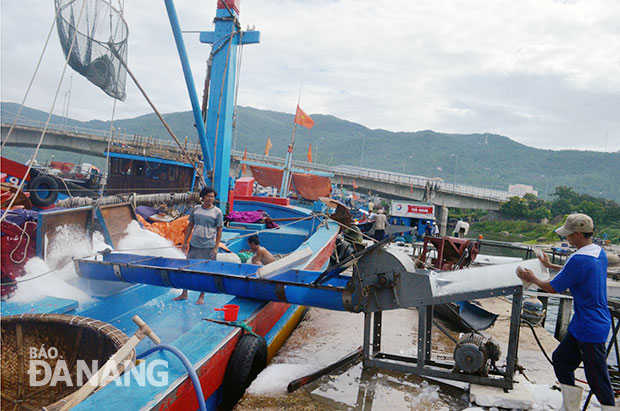 Ngư dân miền Trung vững tin ra khơi.  Trong ảnh: Ngư dân chuẩn bị đá cho tàu ra khơi tại ngư trường Hoàng Sa sáng 5-7.Ảnh: NGỌC PHÚ