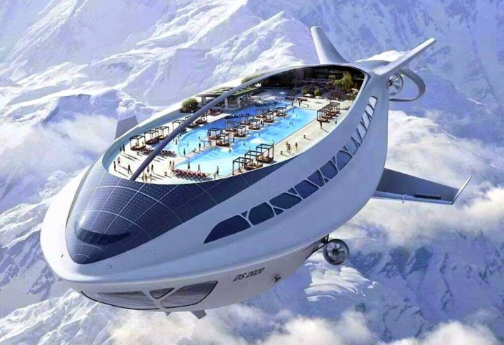 Eric Almas thiết kế một chiếc máy bay sinh thái sạch sẽ và chống ồn với phần mái trong suốt cho phép du khách tắm nắng và bơi trong chuyến bay.