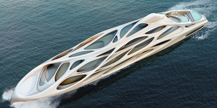 Siêu du thuyền do nhà thiết kế Zaha Hadid tạo ra lấy cảm hứng từ thế giới dưới nước. Du thuyền trông giống như một bộ xương đầy ấn tượng từ trong ra ngoài.