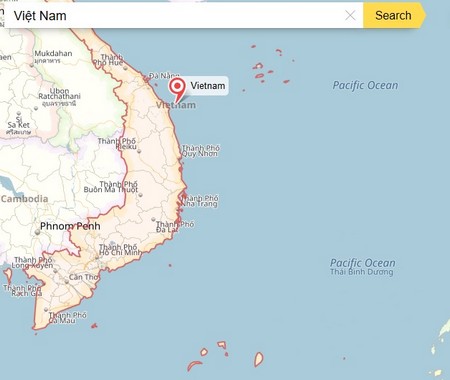 Yandex Maps hiển thị bản đồ Việt Nam, những vùng khoanh đỏ, bao gồm cả quân đảo Hoàng Sa và Trường Sa, là những lãnh thổ của Việt Nam