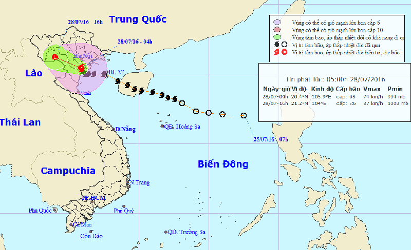 Bão số 1 đi vào Nam đồng bằng Bắc Bộ - Nguồn: Trung tâm Dự báo Khí tượng Thủy văn Trung ương, sáng 28/7.