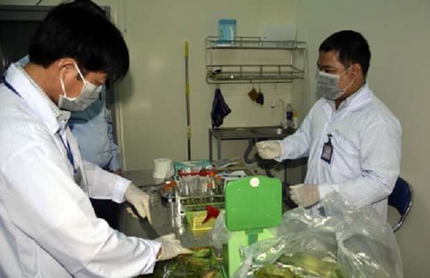 Testing for chemical residues in samples of fruit and vegetables taken from local markets (Photo: baomoi.com)