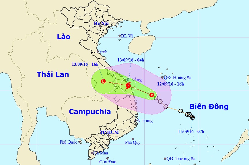 Dự báo hướng đi của áp thấp nhiệt đới (Nguồn: Trung tâm dự báo Khí tượng Thủy văn Trung ương)