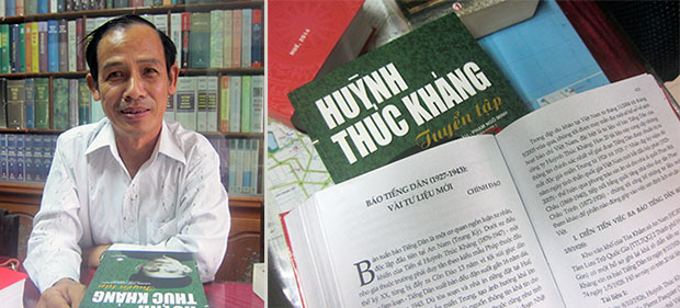 Trong quá trình biên soạn, ông Phạm Ngô Minh (trái) tham khảo nhiều bài viết, tác phẩm của Cụ Huỳnh cũng như của những người viết về Cụ.