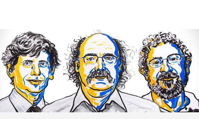 David Thouless, Duncan Haldane and Michael Kosterlitz have been awarded the 2016 Nobel prize in physics. Illustration: N. Elmehed/2016 Nobel Prize