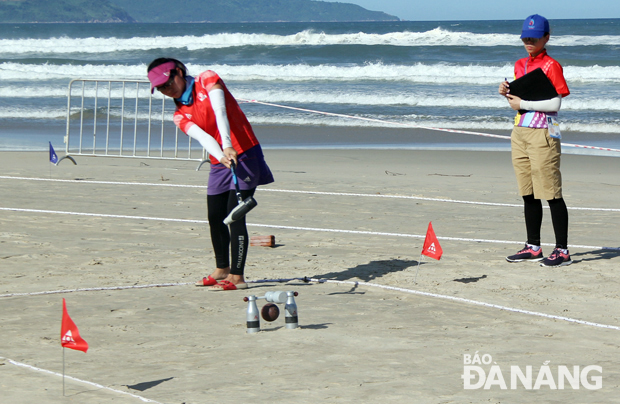 An accurate stroke by a woodball player from Hong Kong