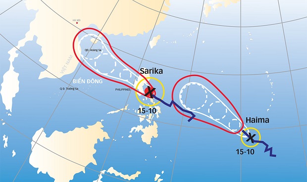 The directions of typhoons Sarika and Haima are showed in this map. Photo: Tuoi Tre