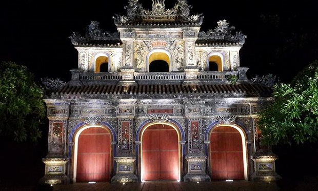 A gate into Hue's Imperial Citadel at night. Photo by VnExpress/Minh Tri