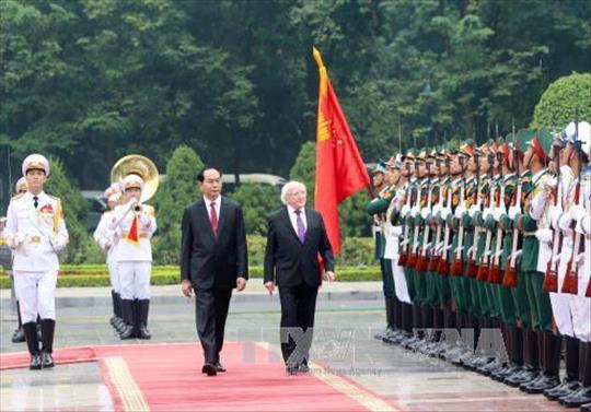 Chủ tịch nước Trần Đại Quang và Tổng thống Ireland Michael D. Higgins duyệt đội danh dự.