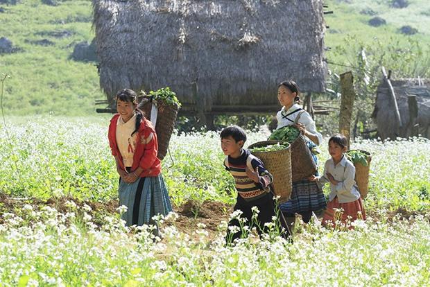 Locals bring vegetables home on a flowery path.