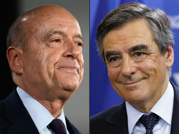 Ông Alain Juppe (trái) và ông Francois Fillon cạnh tranh chiếc vé để tranh cử tổng thống vào tháng 5-2017. 							    Ảnh: AFP