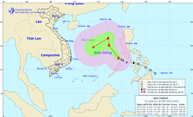 Vị trí và đường đi của bão. (Nguồn: Trung tâm Dự báo Khí tượng Thủy văn Trung ương)
