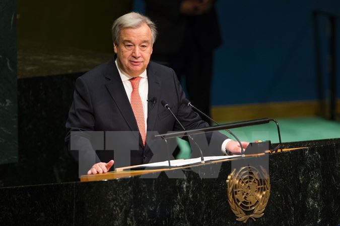 Ông Antonio Guterres phát biểu tại lễ tuyên thệ nhậm chức Tổng Thư ký Liên Hợp Quốc ở New York. Ảnh: AFP/TTXVN